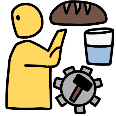 A yellow figure facing to the left, extending a hand in 'no' gesture behind them. Behind them is a loaf of bread, a cup of water, and a hammer in a cog, representing food, drink, and work.